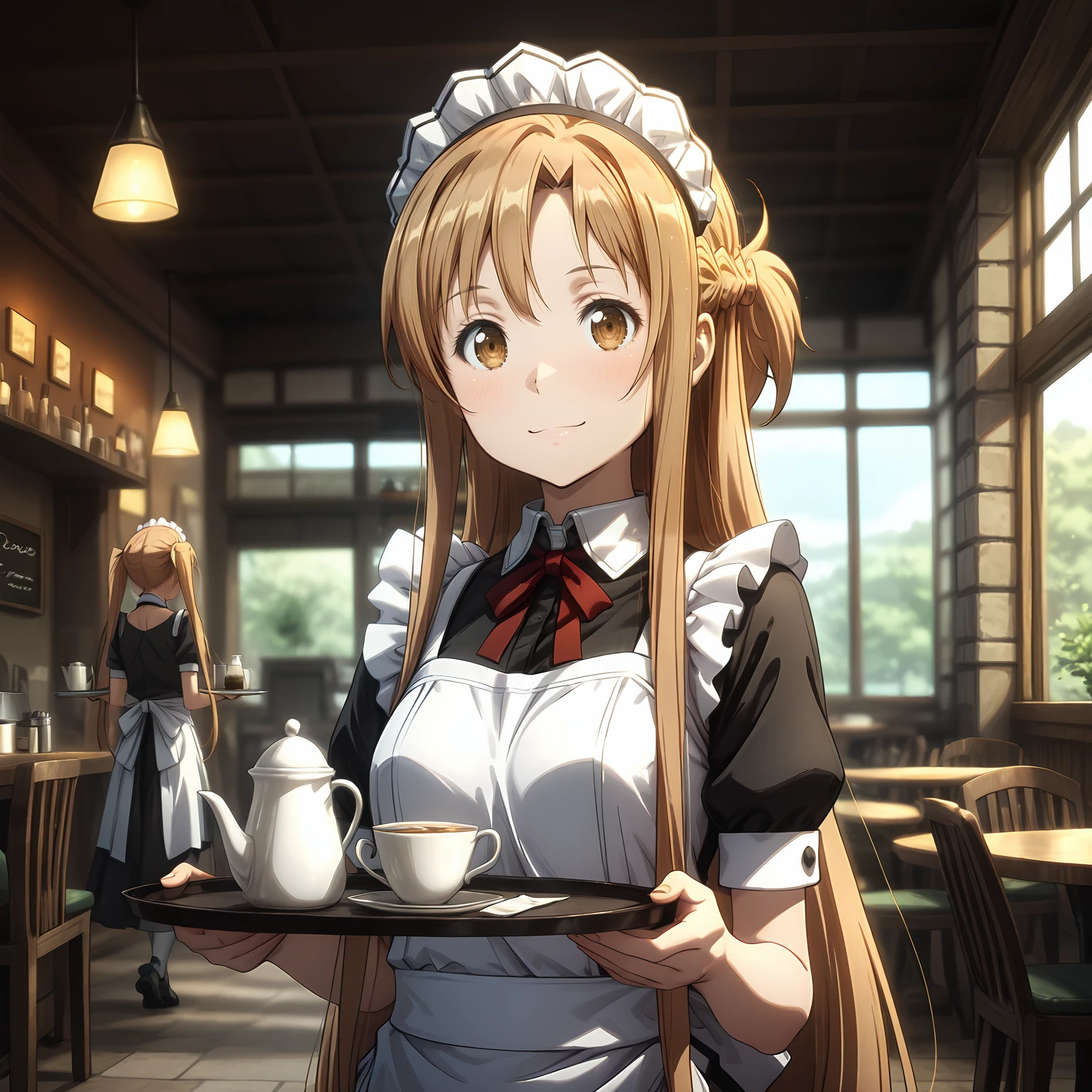 masterpiece,best quality,amazing quality, <lora:IL_Asuna_Sword_art_online_progressive_Aria:0.7> asopavp, asuna \(sao\), brown hair, long hair, half up braid, brown eyes, (maid:1.2), maid headdress, twintails, holding tray, short sleeves, depth of field, cafe, smile,  <lora:IL_Between_pencils_and_semi-realism_Style:0.9> stbedap