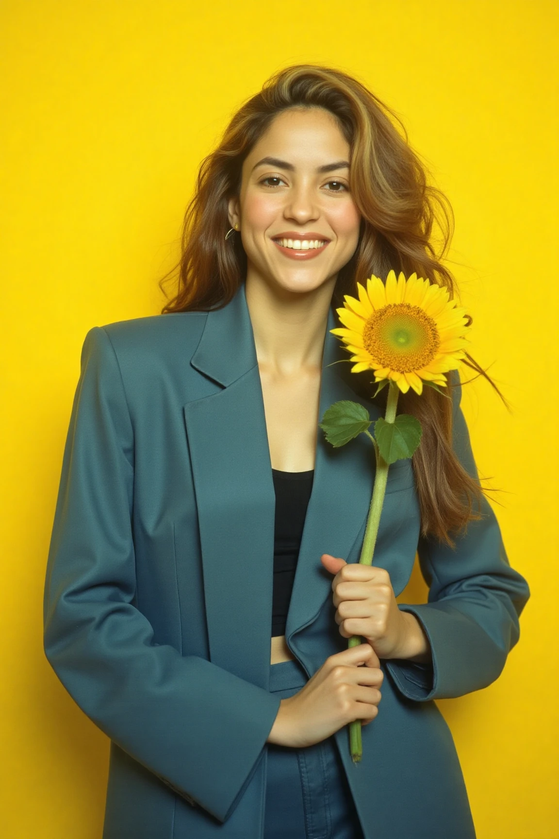 A minimalistic and artistic close up analog film photo of a woman holding a vibrant yellow sunflower. She wears a bold, tailored blue suit with sharp lines, contrasting beautifully with the soft vibrant yellow background. Her hair gently falls over one side of her face, adding an effortless and contemporary feel. The composition exudes a serene yet confident mood, with the delicate flower symbolizing a harmonious blend of nature and high fashion. The image emphasizes muted tones, natural beauty, and modern elegance. She is giving a big candid smile showing her teeth. The photo has kodak film colours.