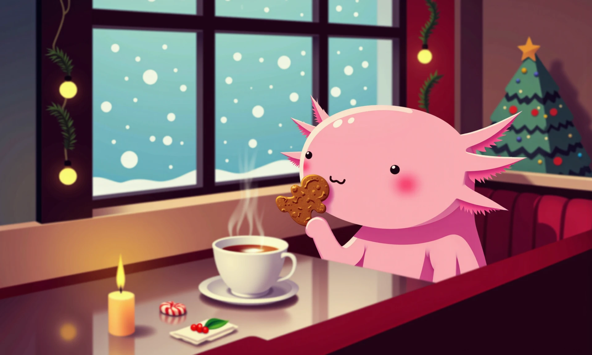 vector illustration, simple vector art of axolotls, close-up of a pink axolotl in a tiny diner booth decorated with holiday lights, holding a mini gingerbread cookie and sipping on a warm spiced latte; its frilly gills sway as it gazes out at the softly falling snow outside the frosted window; the tabletop has a mini candy cane, a small holiday napkin, and a lit candle, while the tilt-shift effect blurs other festive decorations like garlands and a small Christmas tree, creating a warm, nostalgic holiday diner scene<lora:simple_vector_illustration_FLUX.safetensors:1.3:1.3> <lora:Axomodel_Flux_V2.safetensors:0.75:0.75>