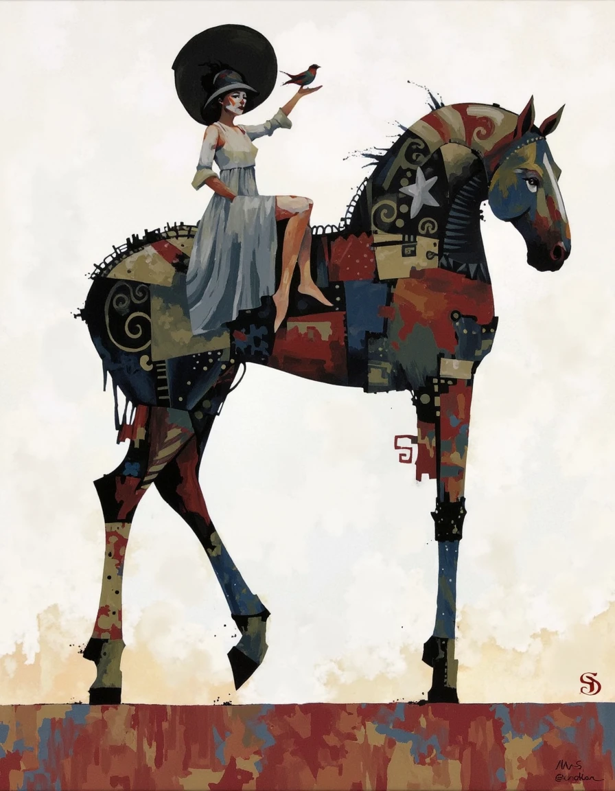 A modern oil painting with a surreal, abstract style of Bruce Holwerda that features a large, stylized horse with a textured, multi-colored body. The horse is predominantly painted in shades of red, blue, and white, with additional accents of black, green, and yellow. Its body is adorned with various geometric and abstract patterns, including swirls, stripes, and dots. The horse's legs are elongated, giving it a somewhat ethereal appearance.
Sitting atop the horse is a person wearing a large, dark hat and a flowing, light-colored dress. The person is holding a small bird in their left hand, and their right hand is raised, possibly in a gesture of greeting or celebration. The person's face is not fully visible due to the hat, but their posture suggests a sense of confidence and tranquility.
The background is a plain, off-white color with subtle, abstract textures that add depth and complexity to the overall composition. The bottom of the image features a faint, red and white pattern that adds a touch of patriotic flair. The artist's signature, "S," is visible in the lower right corner of the painting. The overall mood of the piece is whimsical and imaginative, blending elements of fantasy and surrealism. <lora:Bruce_Holwerda:0.95>