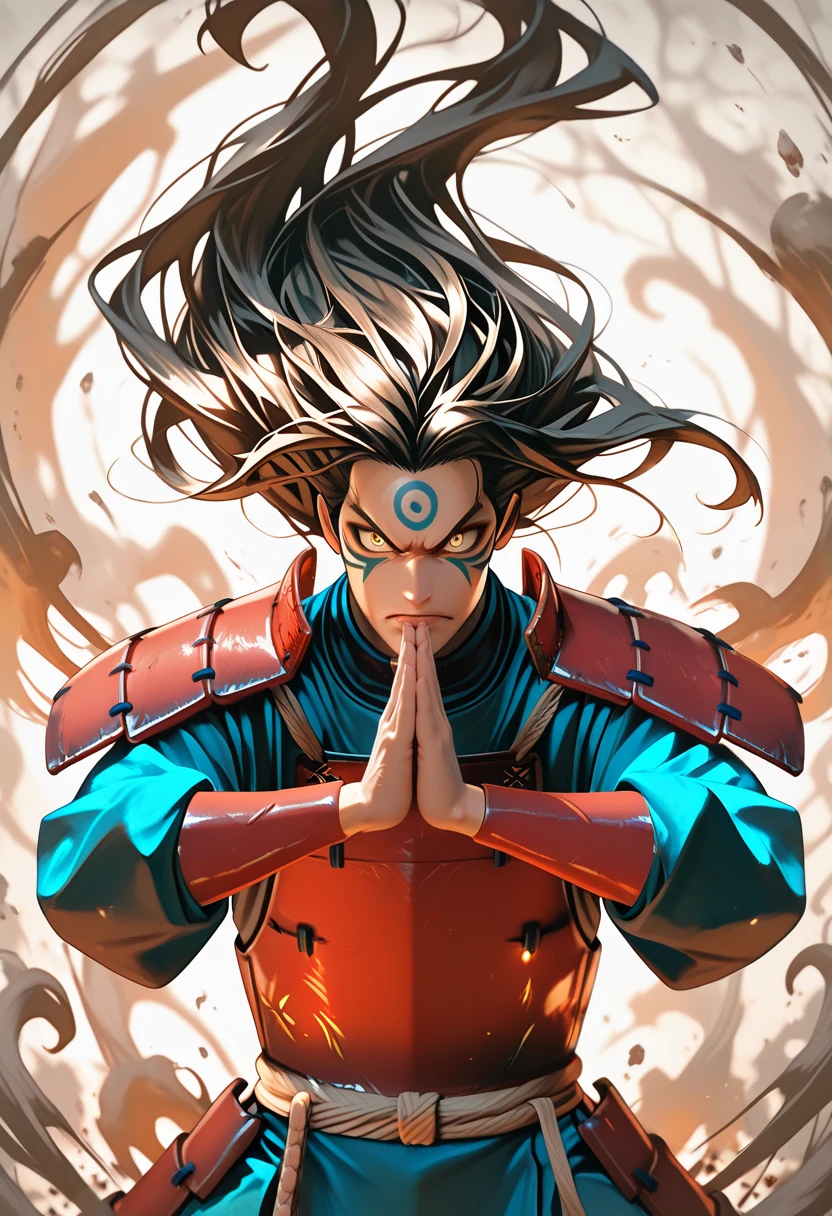 masterpiece, best quality, vibrant, very aesthetic, high contrast, semirealistic, 1boy, <lora:Hashirama_Senju_ILLU:0.8> hsrm_sage, facial mark, long hair, floating hair, upper body, (angry expression:0.8), palms together, japanese armor, nature magic, element bending, dust aura, floating rocks, sand aura, vines, geomancy, , masterwork, raytracing, highly detailed, absurdres, masterful composition, cinematic lighting, rim lighting