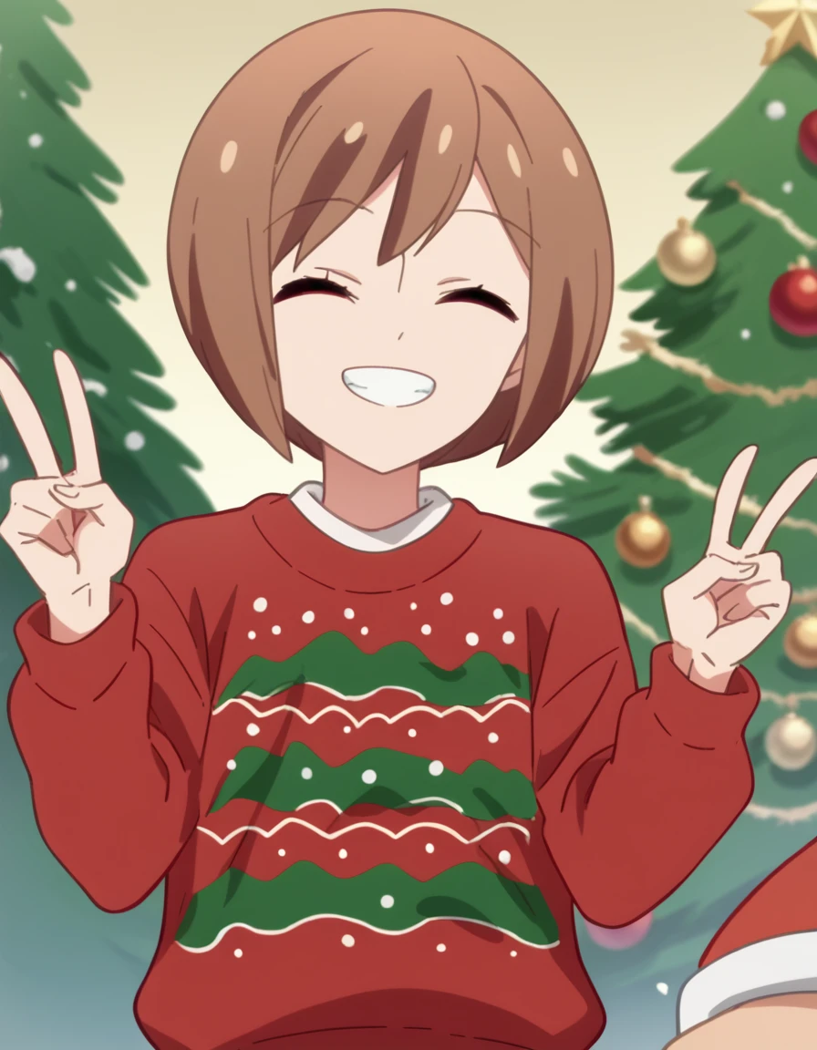 score_9, score_8_up, score_7_up, source_anime, <lora:chiyo-kurihara-s1-ponyxl-lora-nochekaiser:1>, chiyo kurihara, short hair, brown hair, red eyes, brown eyes, anime screencap, <lora:christmas-sweater-ponyxl-lora-nochekaiser:1>, christmas sweater, christmas, ugly sweater, print sweater, red sweater, christmas tree, christmas ornaments, sweater, multicolored sweater, , v, smile, hands up, teeth, closed eyes, cowboy shot,, , dutch angle, cowboy shot