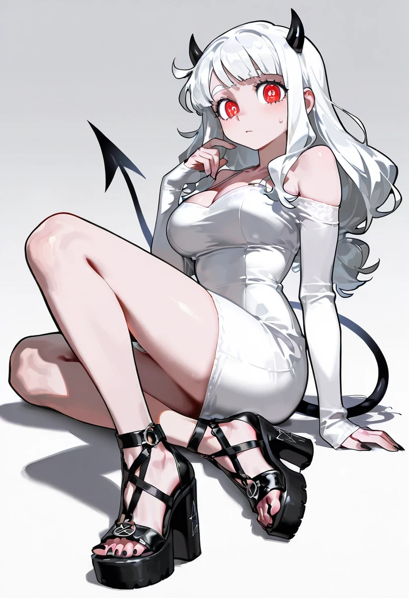 pentagram sandals,platform heels,strappy heels, 1girl,solo,full body, modeus_(helltaker)