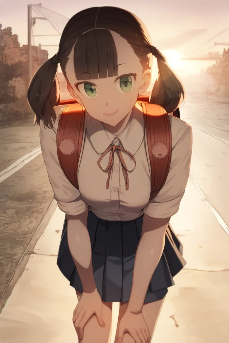 , score_9, score_8_up, score_7_up,   ozzzzyStyle, 1girl, backpack, bag, blue skirt, brown hair, closed mouth, commentary request, green eyes, hair intakes, hand on own knee, heart, heart in eye, lens flare, long hair, looking at viewer, original, outdoors, ozzzzy, pleated skirt, randoseru, road, skirt, smile, solo, symbol in eye, twintails, w