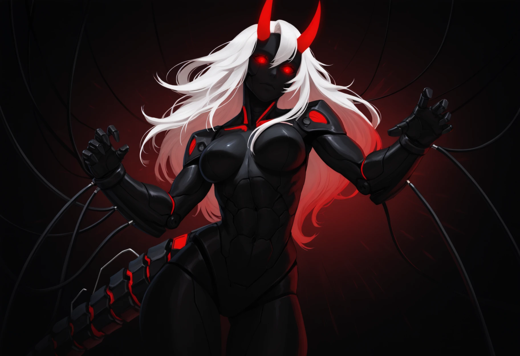 masterpiece, best quality, 1girl, toned,
cyborg, ripcage, bone, intestines, red theme, dark theme, limited color palette, lineart, cyberpunk, long hair, white hair, red eyes, glowing eyes, red horns, oni horns, cable, mechanical tail, mechanical, machine, horror (theme), metal, abstract background, dark theme, black theme, high contrast,