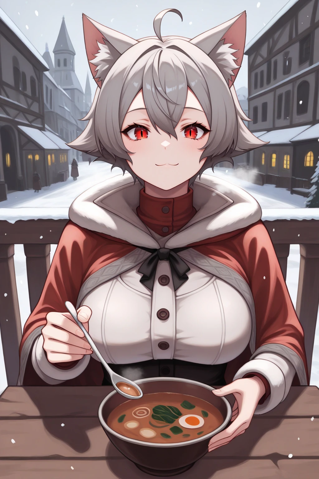 masterpiece, best quality, smile, 1girl, l1n1a, large breasts, cat ears, animal ear fluff, cat tail, red eyes, slit pupils, short hair, grey hair, hair between eyes, ahoge, winter clothes, holding spoon, outdoors, snowing, medieval, terrace, pov across table, soup, city, <lora:Hoseki_MushokuTensei_LiniaDedoldia_IllustriousXL_v1:1>