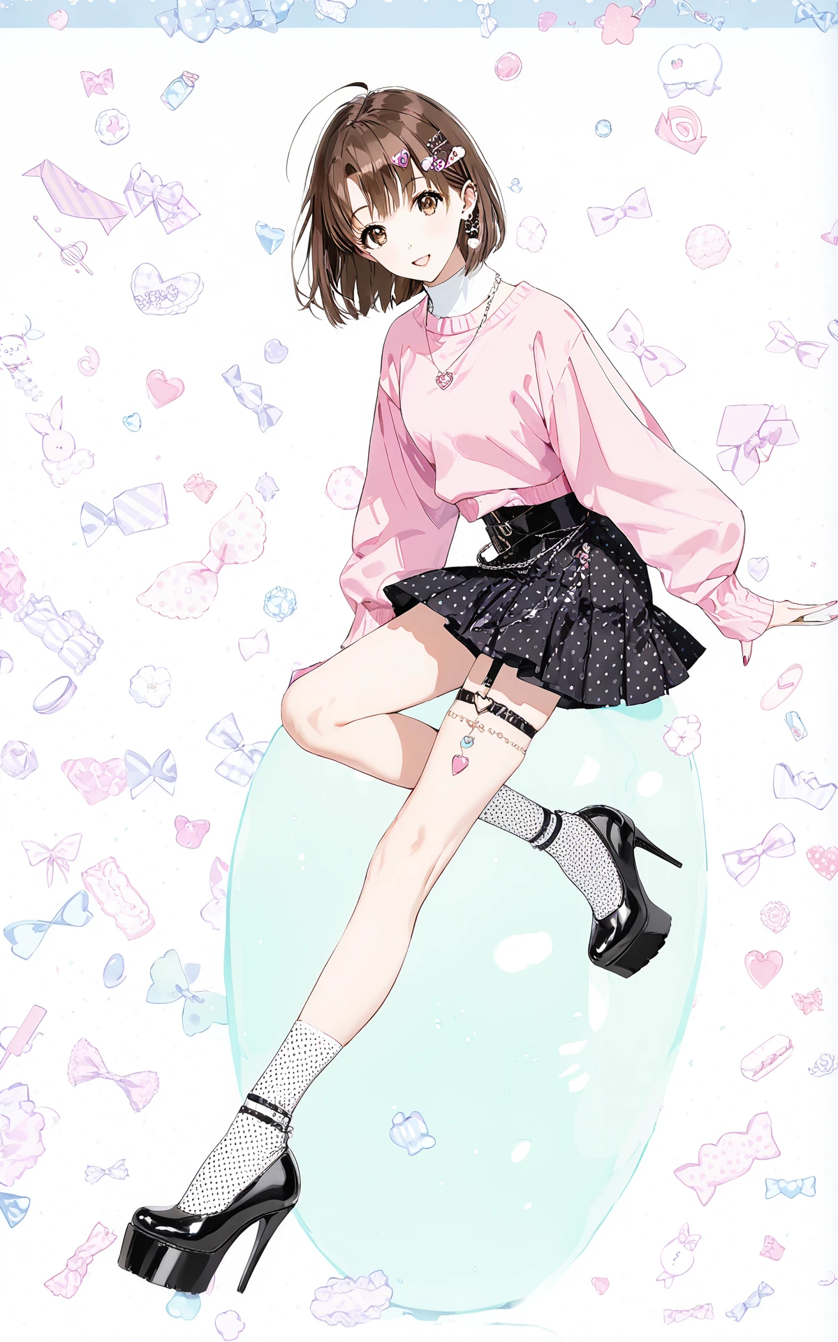 1 katou megumi\(saenai_heroine_no_sodatekata\),<lora:KMpony_XL:1>,absurdres,4k,masterpiece,solo,
amazing quality,brown hair,brown eyes,incredibly absurdres,looking at viewer,perfect face,face detaile,miniskirt,close-up,long legs, 
Mature Decora,refined colors,sophisticated accessories,minimalistic hair clips,playful yet elegant,controlled chaos,subtle fun,modern street fashion,Harajuku influence,elegant vibrance,curated eclecticism,quality jewelry,candy motifs,delicate stickers,kawaii with a twist,mix and match elegance,understated patterns,polka dots,pinstripes,stylish cartoon characters,chic toy accessories,pastel hues,muted neon colors,stylish socks,patterned tights,fitted sweaters,graphic blouses,structured skirts,platform heels,designer jewelry,whimsical elegance,refined eccentricity,cheerful sophistication,imaginative yet classy,tailored clothing,elegant makeup,metallics,face gems,balanced extravagance,youthful yet polished,energetic charm,