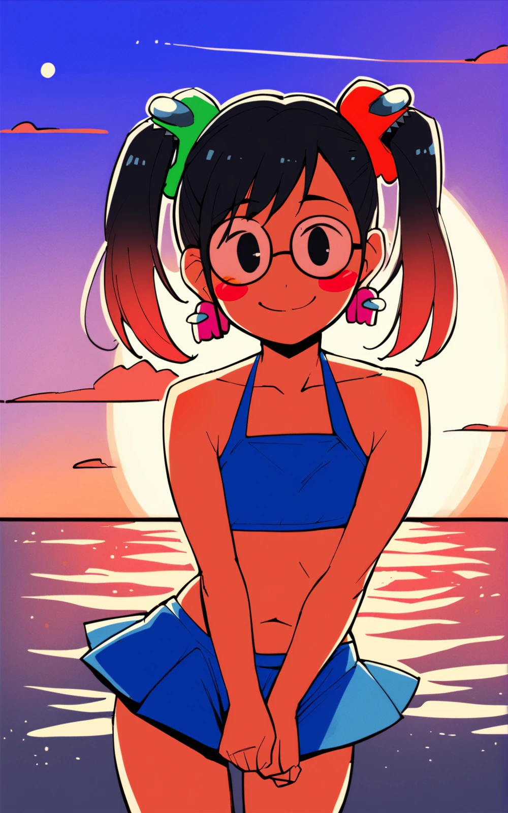 score_9, score_8_up, score_7_up,((best quality)), absurdres, <lora:BolivanteStyle:0.8>,  <lora:AUGPXL:0.8>,AUGPXL,skirt, glasses, black hair, multicolored hair, jewelry, blue bikini, earrings, twintails, gradient hair,  hair ornament, black eyes, two-tone hair, blush stickers, looking at viewer,solo, beach, shy, flat chest, sun ,clouds,smile