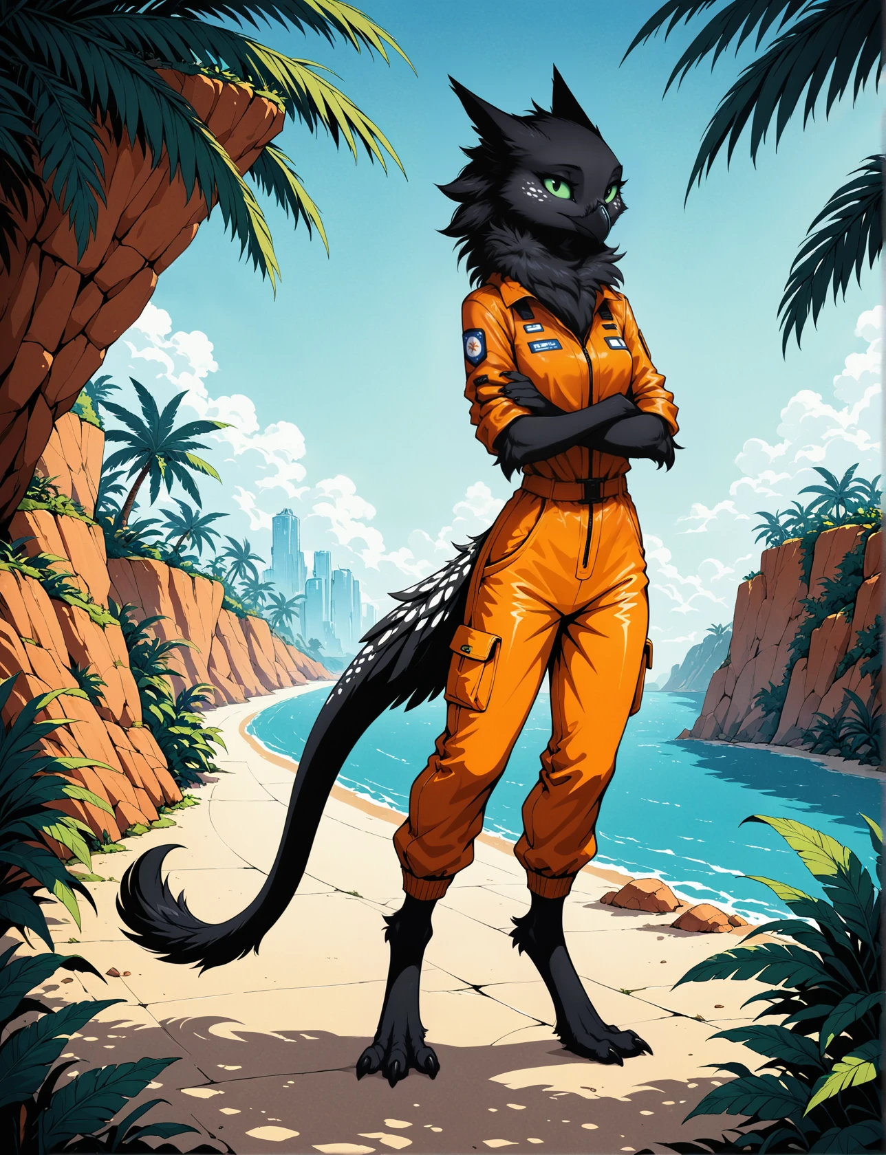 masterpiece, best quality, 
female, velari, black body, green sclera, white spots, neck tuft, slim, small breasts, white freckles, 
smile, orange jumpsuit, digitigrade, 3 toes, looking at viewer, crossed arms, detailed fur,
dappled light, heavy shadows, anime painting, cliff, coastal view, contemporary, high contrast, cell shading, strong shadows, vivid hues, azure ocean, lush vegetation, tropical, cozy, futuristic