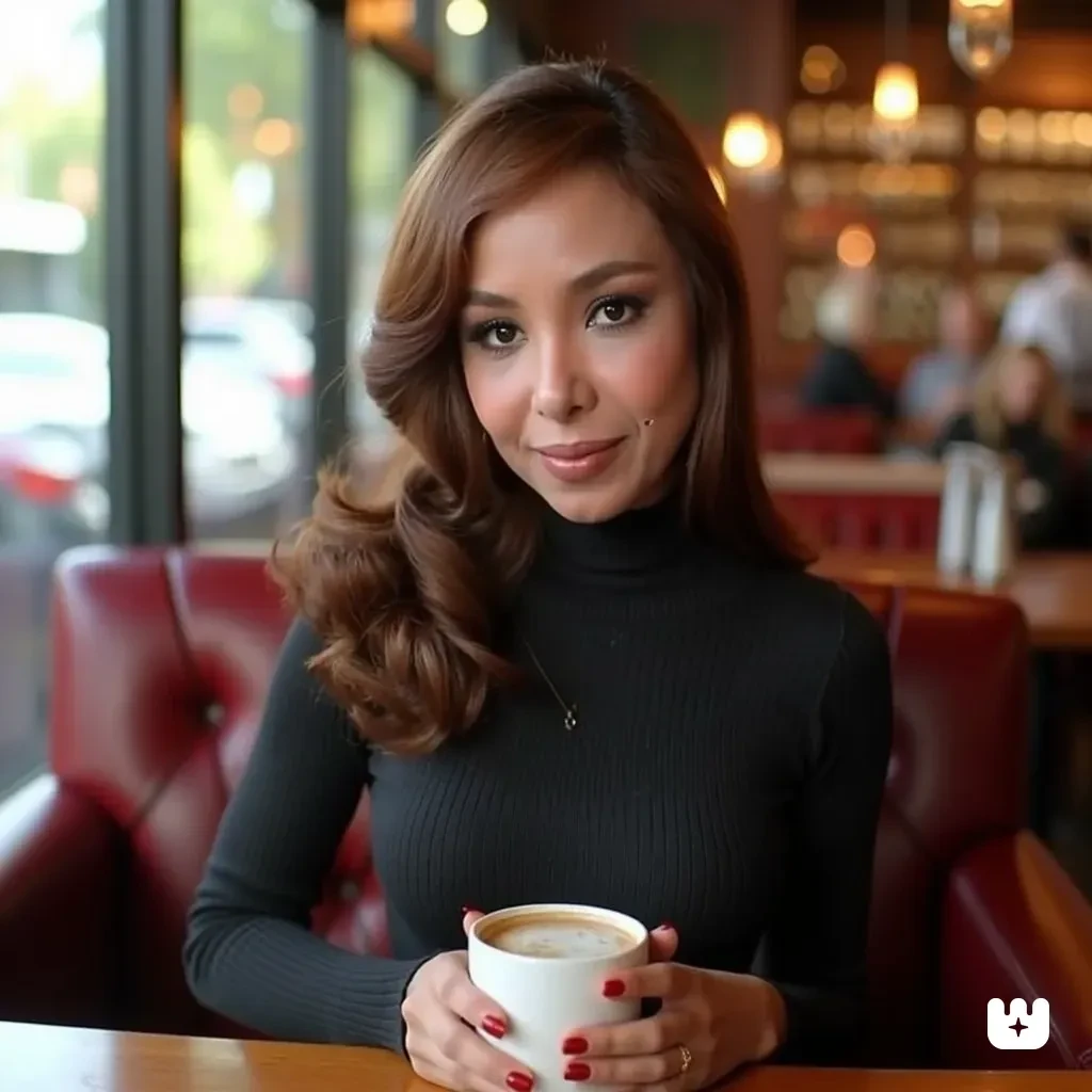 realistic photo of, 1girl, solo, NASHE, wearing a fitted turtle neck sweater, large breasts, sitting in a cafe holding a coffee, looking at the viewer, smiling

