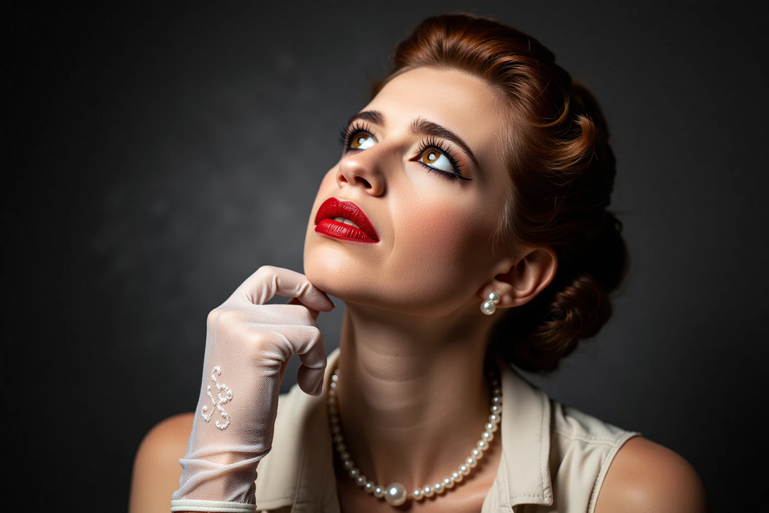 Close-up portrait of kalkikoechlinukohwx styled in a timeless updo.  Her expression is contemplative, gazing upward with a hint of sadness.  Her complexion is fair, and she wears sophisticated makeup, including dark brown eyeshadow, defined eyebrows, and striking red lipstick.  A strand of pearls graces her neck, and matching pearl earrings complement the elegant look.  She is wearing a simple, off-white sleeveless top.  The woman is leaning her head on her left hand,  which is covered by a pair of delicate, sheer, white, lace gloves.  The gloves' delicate lace pattern and the textures of the pearls create an interesting contrast.  The background is a dark, moody gray, focusing all light and attention on the subject, creating a dramatic and romantic mood. The lighting is dramatic, highlighting the contours of her face while leaving parts of the image in shadow, giving a studio portrait feel.  The overall artistic style evokes a mixture of 1940s glamour and contemporary portraiture with a dramatic mood.
