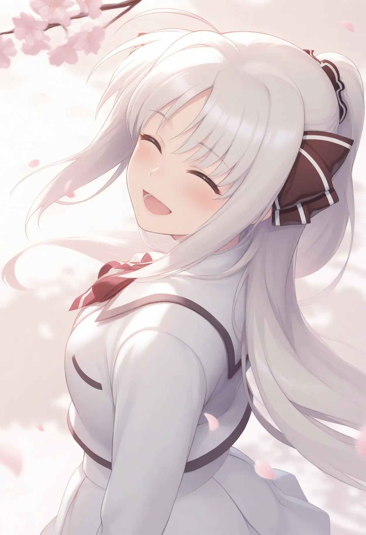 rinne_b, 1girl, from behind, looking at viewer, long hair, closed eyes, smile, open mouth, school uniform, white hair, grey hair, ribbon, blush, hair ribbon, petals, ahoge, ponytail, white skirt, upper body, from above,
masterpiece, best quality, 8k wallpaper, ultra detailed, realistic, highest quality, best shadow, best illustration, ultra high resolution
 <lora:rinne_b_illustrious:1>