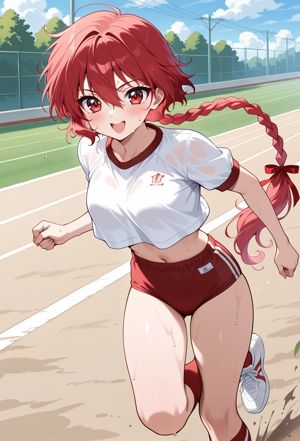 masterpiece, best quality, high quality, anime, solo, <lora:AEHikaruillx:1>
AEHikaru, red eyes, red hair, hair between eyes, long hair, long braid, braided ponytail, single braid, hair ribbon, red ribbon, smile, red buruma, red kneehighs, short sleeves, open mouth, knee up, outdoors, running, sneakers, crop top overhang, sweat