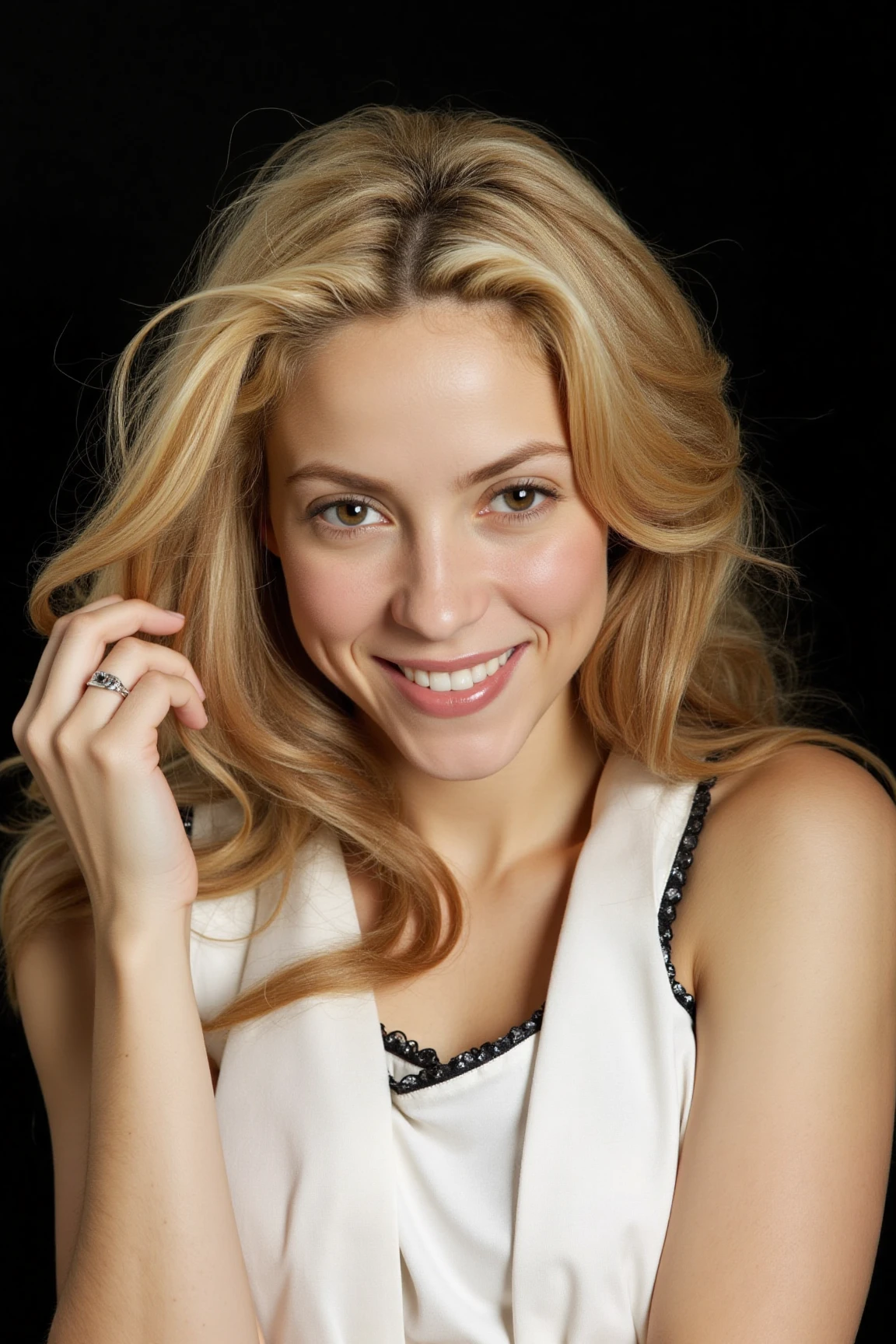 A close-up shot of a woman with long, wavy blonde hair. She is wearing a white sleeveless blouse with a black lace trim around the neckline. The woman's hair is pulled back and cascades over her shoulders. She's wearing a silver ring on her left hand and her right hand is holding her hair up to her head. The background is a solid black.