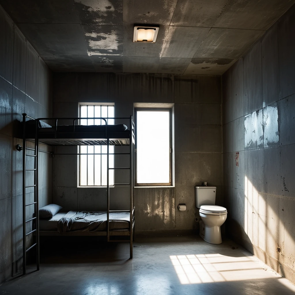 A dimly lit prison cell with cold, gray concrete walls, a small barred window letting in a faint beam of light, and a bunk bed with a steel frame and thin, worn mattresses stacked one above the other. A simple steel toilet is positioned in the corner, and a scratched wooden desk sits nearby. The atmosphere feels oppressive and isolated, with shadows casting stark contrasts on the walls. The floor is cracked and uneven, and faint graffiti etched into the walls hints at the stories of previous occupants. The room exudes a sense of confinement and solitude.