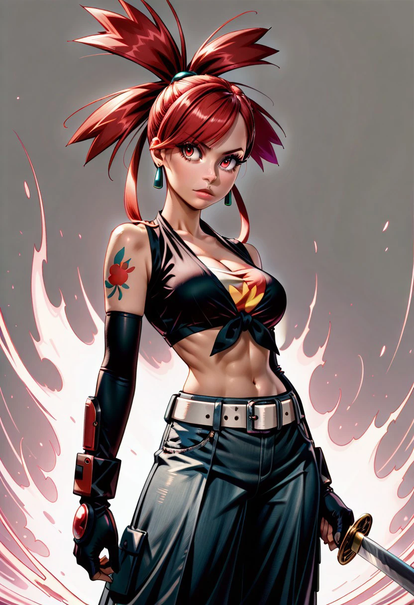 masterpiece, best quality, 1girl, solo, eyelashes, (beautiful eyes),
(
flannery (pokemon), red hair, red eyes, front-tie top, cleavage, sleeveless, white belt, narrow waist, midriff, navel, denim jeans,
),
(cowboy shot),
1girl, solo, long hair, breasts, bangs, black hair, gloves, navel, holding, bare shoulders, jewelry, medium breasts, closed mouth, standing, full body, weapon, earrings, boots, sleeveless, black gloves, elbow gloves, midriff, pants, sword, blunt bangs, fingerless gloves, black footwear, holding weapon, lips, crop top, looking to the side, tattoo, holding sword, black pants, abs, katana, sheath, sheathed, baggy pants, fire, looking at viewer,