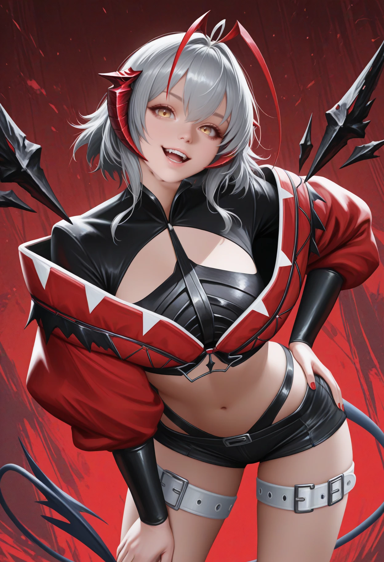 masterpiece, best quality, realistic, solo, 1girl, wsdl, :d, teeth, looking at viewer, standing, leaning forward, hand on own thigh, hand on own hip, short hair, grey hair, ahoge, antenna hair, hair between eyes, red horns, demon horns, antennae, yellow eyes, red jacket, cropped jacket, off-shoulder jacket, open jacket, black shirt, cropped shirt, long sleeves, black shorts, short shorts, thigh belt, white belt, red nails, stomach, navel, abstract background, red background
<segment:yolo-Anzhc Face seg 640 v2 y8n.pt,0.4,0.5//cid=1>