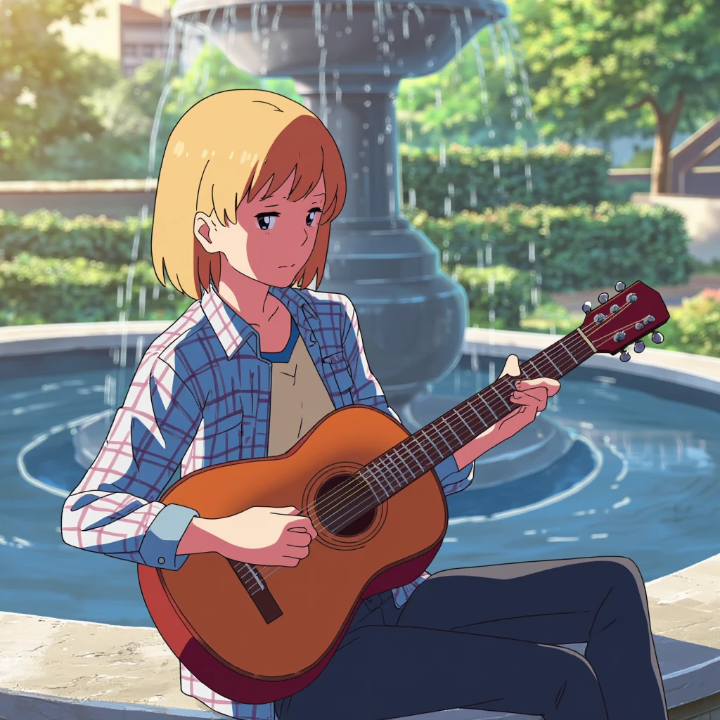 anime screencap in yn artstyle, a college woman is sitting outside on the ledge of a fountain in a park against a warm, sunny backdrop, playing the guitar. she has shoulder-length blond straight hair and is wearing a light blue plaid shirt with rolled up sleeves to her elbows, revealing a plain white t-shirt with a blue collar underneath, as well as dark blue jeans.