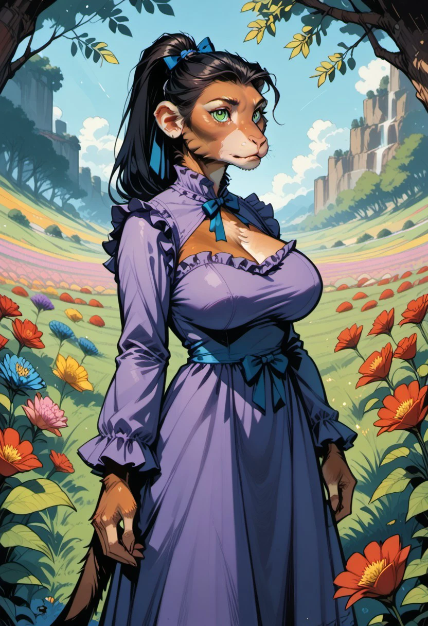 score_9, score_8_up, score_7_up, detailed, beautiful, high quality, hadozee, furry monkey, tail, 1girl, green eyes, fair skin, brown fur, black hair, long tiered ponytail, huge breasts, long fingers, flowers, colorful flowers, red flowers, blue flowers, field, purple dress, bow, dress, frilled dress, frills, large bow, long sleeves,