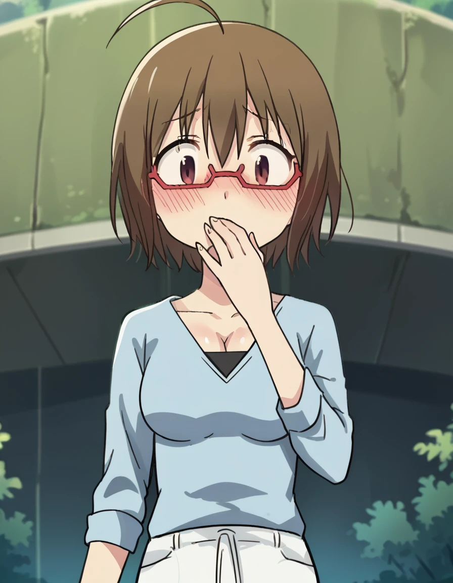 score_9, score_8_up, score_7_up, source_anime, <lora:noriko-yamada-s1-ponyxl-lora-nochekaiser:1>, noriko yamada, short hair, brown hair, brown eyes, ahoge, glasses, semi-rimless eyewear, red-framed eyewear, medium breasts, anime screencap, shirt, blue shirt, cleavage, pants, white pants,, island, water, tropical, trees, isolation, , <lora:ring-box-ponyxl-lora-nochekaiser:1>, ring box, holding box, pov, pov hands,, blush, covering mouth, embarrassed, blush, bed room,, looking down, cowboy shot,, looking at viewer, solo,, dutch angle, cowboy shot