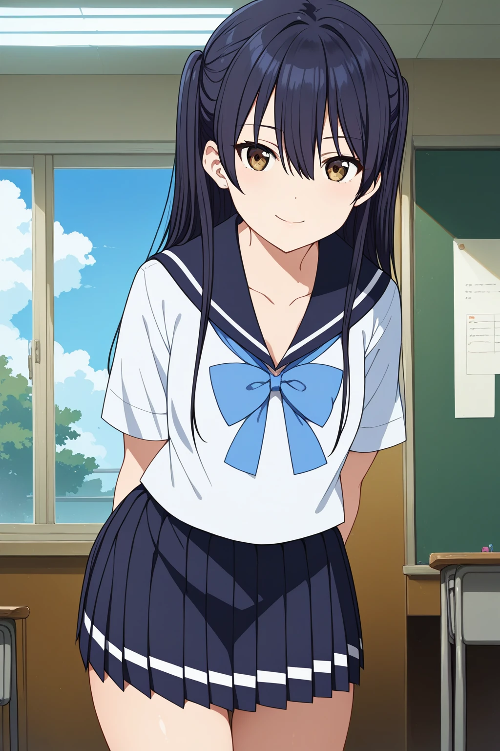 score_9,score_8_up,score_7_up,source_anime,
1girl,<lora:IchigyouRuri:0.9>,ichigyou ruri,long hair,brown eyes,black hair,hair between eyes,collarbone,two side up,small_breasts,thighs,
school uniform,serafuku,skirt,pleated skirt,sailor collar,short sleeves,bow,shirt,black skirt,white shirt,sailor collar,blue bow,bowtie,shirt_tucked_in,
indoors,classroom,window,sunlight,the scenery outside the window,blue sky,tree,
looking_at_viewer,closed mouth,(cowboy_shot),standing,smile,arms_behind_back,leaning_forward,