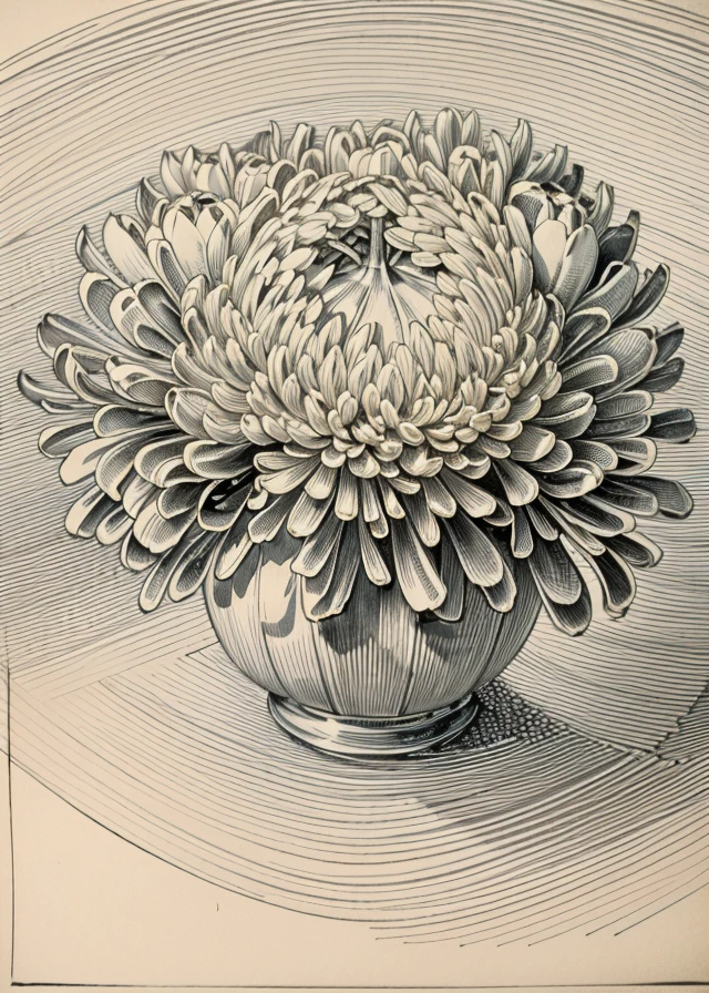 best quality,masterpiece,highly detailed,ultra-detailed, 
<lora:neg9V2_8:0.25> 
 etching crosshatch sketch 
Pompon Chrysanthemum flowers still life, no humans, 
 <lora:sketch_V09:0.85>