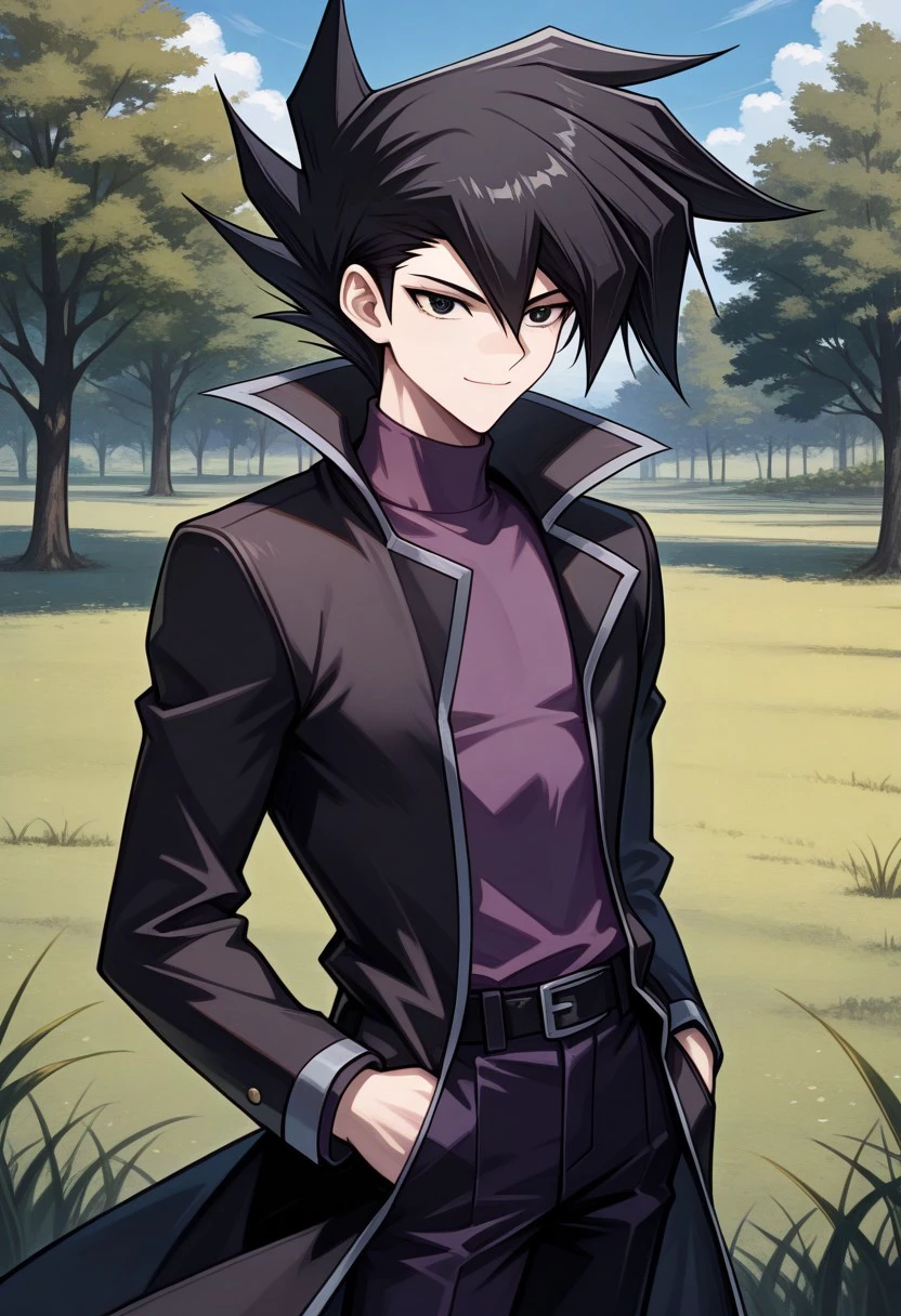 masterpiece, best quality, 
chazzgx, 1boy, male focus, solo, black eyes, black hair, spiked hair, bangs, hair between eyes, shirt, purple shirt, turtleneck, coat, black coat, long sleeves, open coat, open clothes, 
outdoor, sky, tree, grass, light smile