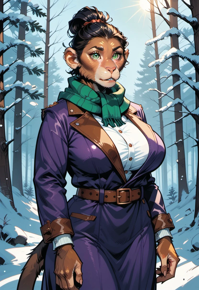 score_9, score_8_up, score_7_up, detailed, beautiful, high quality, hadozee, furry monkey, tail, 1girl, green eyes, fair skin, brown fur, black hair, long tiered ponytail, huge breasts, long fingers, white buttoned dress, brown leather belt, purple jacket, green scarf, snowy forest, sunlight through trees, golden light on snow, winter setting