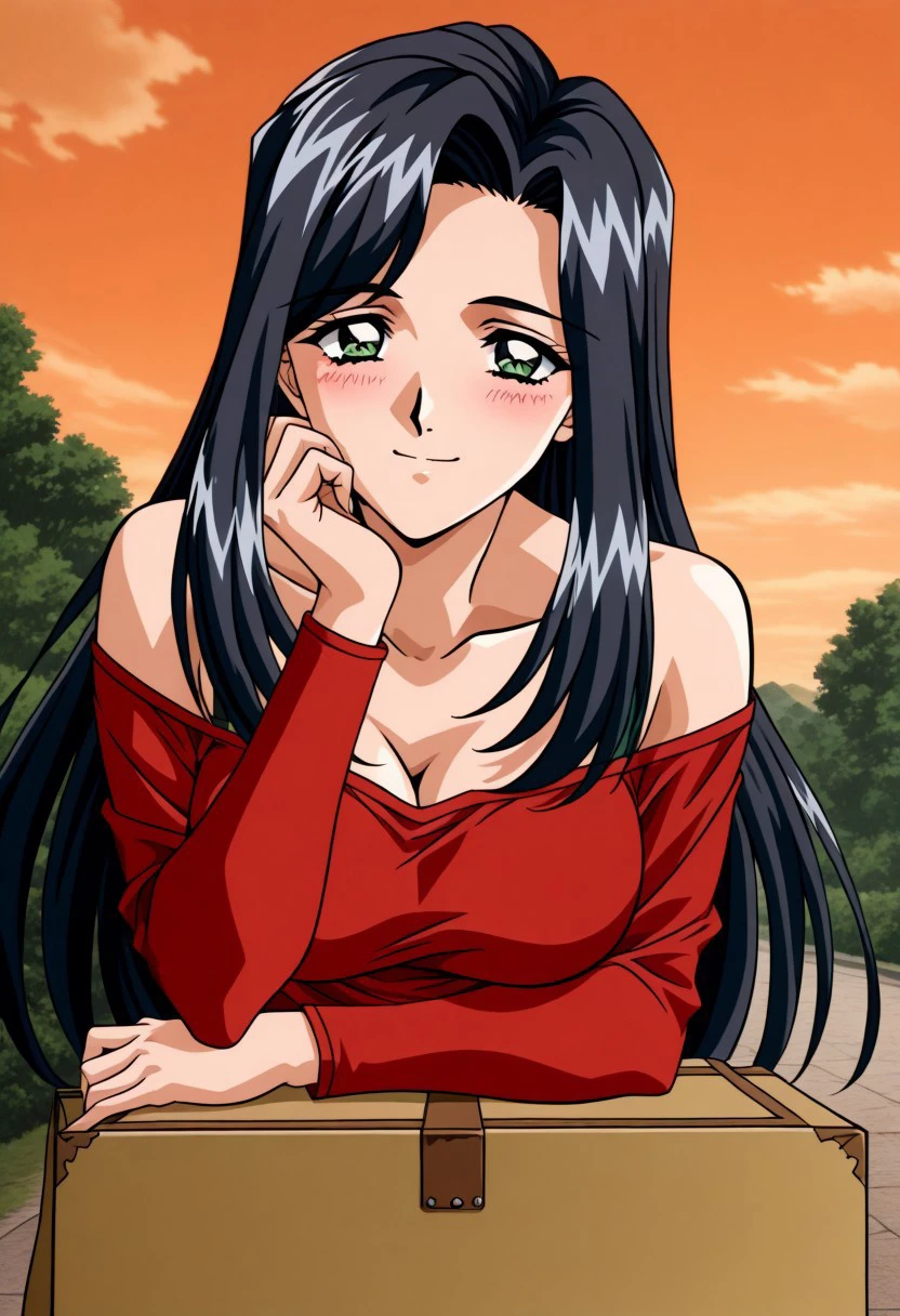 masterpiece, best quality, newest, highres, uncensored, 1girl, yokota mamoru style,1girl,
Nami Koihime OVA, long hair, black hair, forehead,blue eyes, large breasts, 1990s (style)
1girl, solo, green eyes, long hair, blush, head rest, box, looking at viewer, bare shoulders, collarbone, smile, red dress, sky, bag, outdoors, long sleeves, black hair, smile, cloud