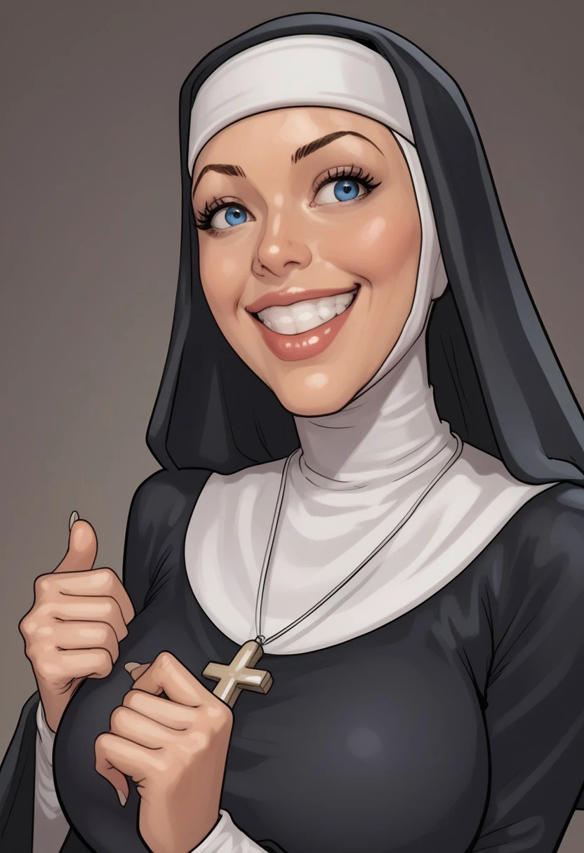 score_9, score_8_up, score_7_up, score_6_up, aoj_sr, 2d, source_cartoon, 1girl, s1st3r_4nn, 4nn_h4b1t, habit, nun, blue eyes, smiling, happy grin,