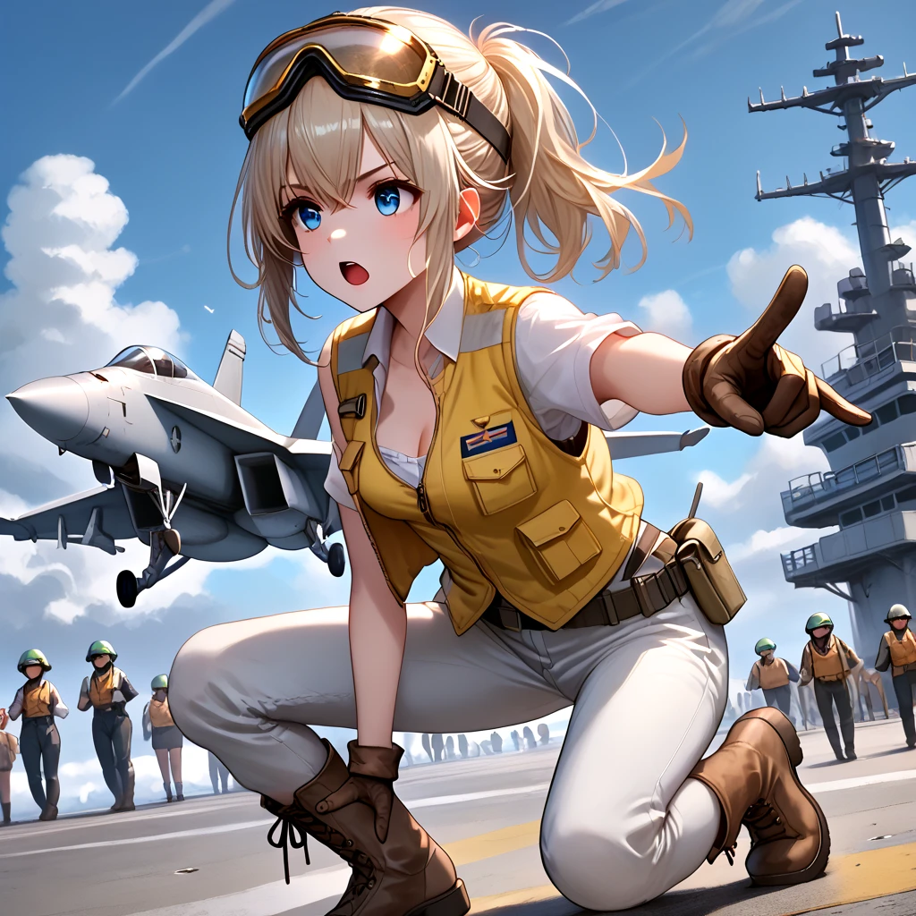 score_9, source_anime, aircraft carrier, catapult officer, pointing forward, standing, lunge, one knee, outstretched legs, spread legs, 1girl, open mouth, cleavage, medium breasts, vest, pants, helmet, gloves, boots, leaning forward, goggles on head, cloudy sky, sky, dust, steam, crowd, wide shot, from side, from behind, <lora:girllikeaircraftcarrier_pony:0.7>