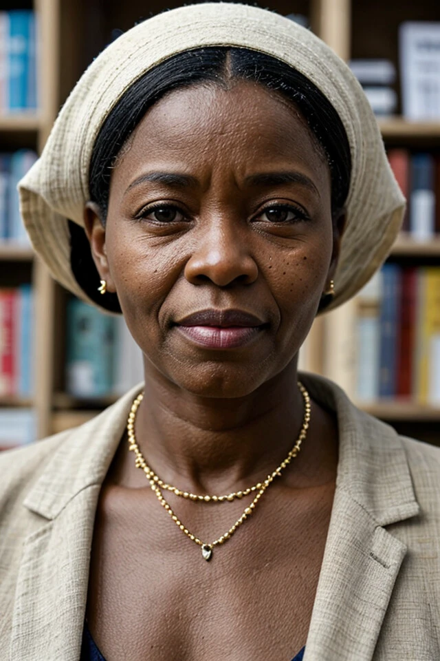 Photo of a congolese woman, wrinkles, aged, necklace, crowded papers room, closeup, neutral colors, barren land