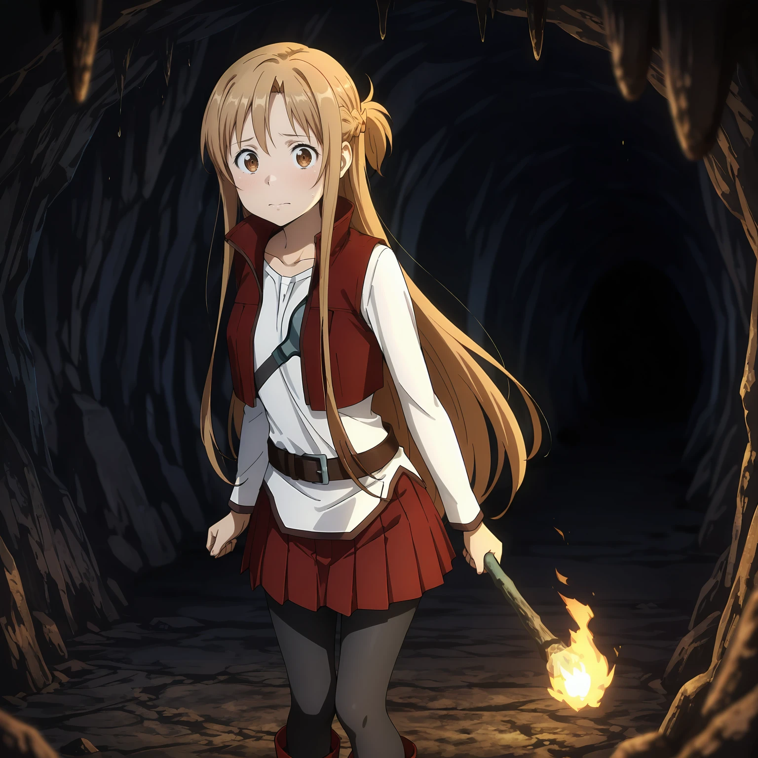 masterpiece,best quality,amazing quality, <lora:IL_Asuna_Sword_art_online_progressive_Aria:0.7> asopavp, asuna \(sao\), brown hair, long hair, half up braid, brown eyes, white shirt, long sleeves, cropped vest, red open vest, untucked shirt, brown belt, red pleated skirt, black pantyhose, red boots, depth of field, holding torch, (dark cave:1.1), nervous