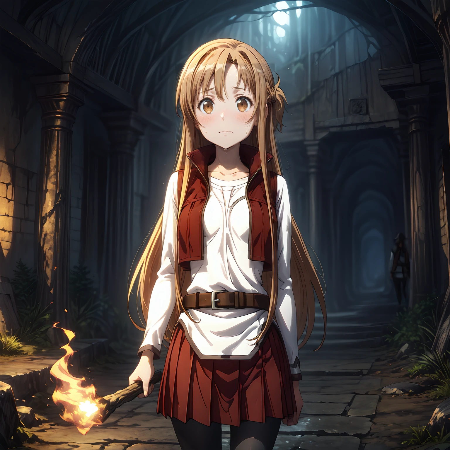 masterpiece,best quality,amazing quality, <lora:IL_Asuna_Sword_art_online_progressive_Aria:0.7> asopavp, asuna \(sao\), brown hair, long hair, half up braid, brown eyes, white shirt, long sleeves, cropped vest, red open vest, untucked shirt, brown belt, red pleated skirt, black pantyhose, red boots, depth of field, holding torch, (dark cave:1.1), nervous,  <lora:IL_Between_pencils_and_semi-realism_Style:1.1> stbedap