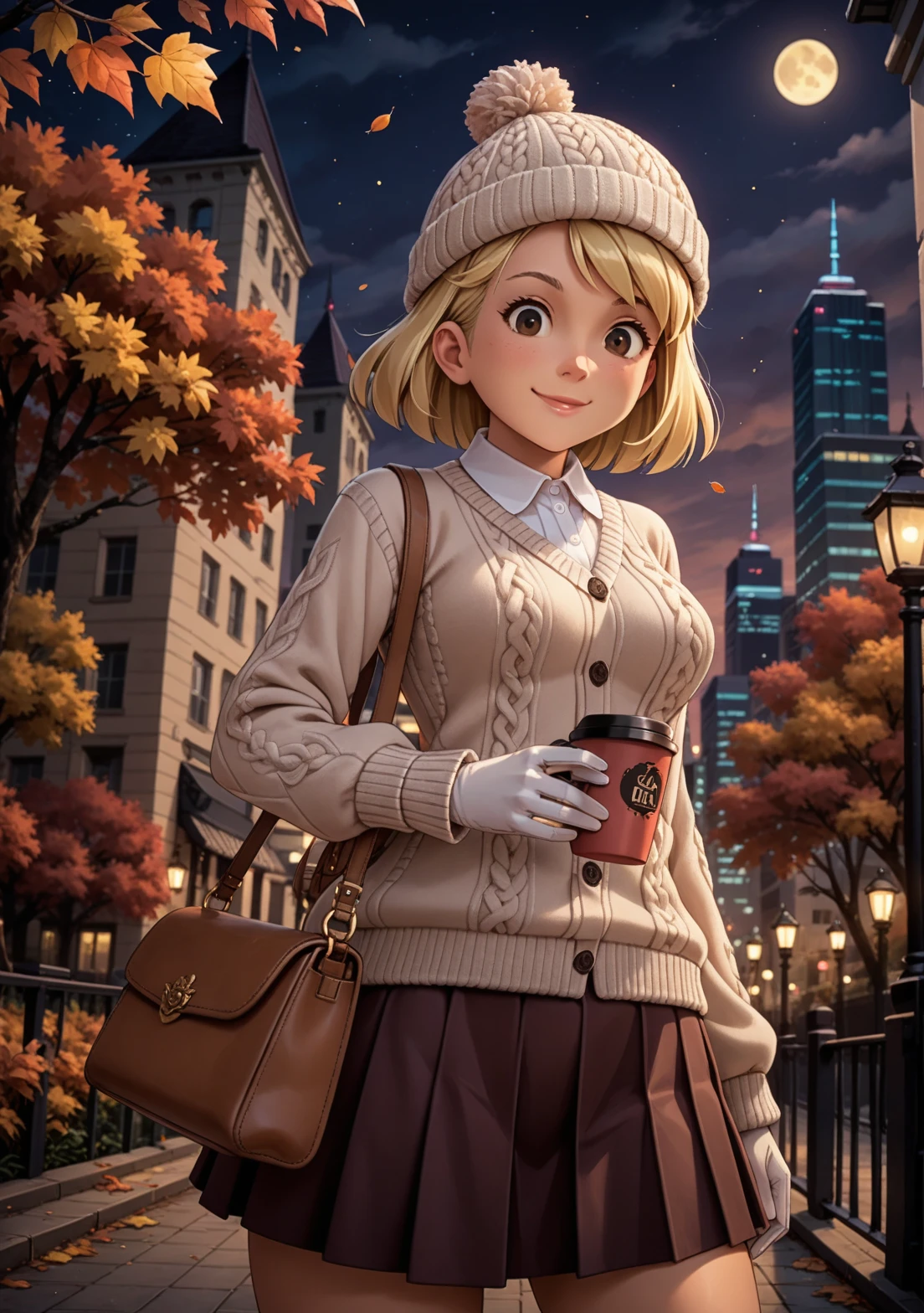 score_9, score_8_up, score_7_up, BREAK, masterpiece, highres, emilyelizabeth, blonde hair, short hair, smile, thighs, hips, black eyes, long sleeves, white skin, pale skin, white collar, brown knit hat, cardigan sweater, white sweater, pink undershirt, brown purse, white gloves, puffy gloves, coffee, brown skirt, maple leaves, tree, autumn, city, skyscraper, night, lamppost, smile, swirling, looking down, close up, from below, pumpkins, bottom pov <lora:Emily_Elizabeth:1>