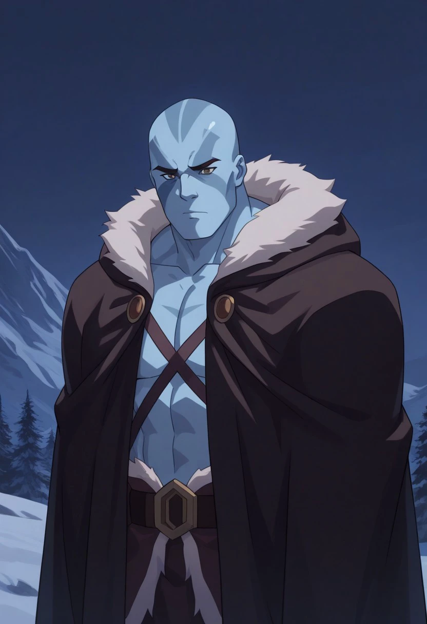 masterpiece, best quality, 
grogstron, 1boy, male focus, solo, colored skin, blue skin, brown eyes, bald, muscular, cloak, full cloak, fur trim,
outdoor