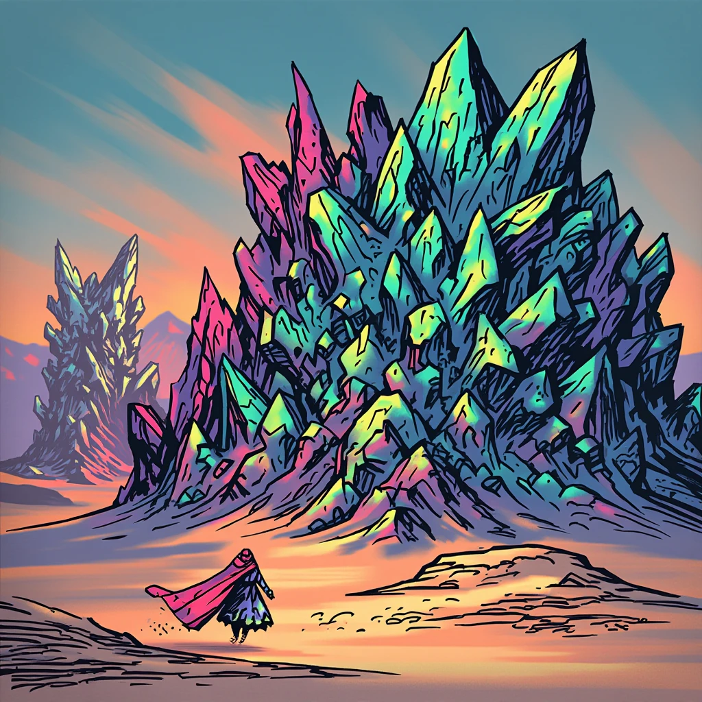 inked comic illustration in dd artstyle, A surreal desert landscape with massive, crystal-like formations rising from the sand. The crystals reflect the sunlight in iridescent hues, casting colorful shadows on the ground. In the distance, a figure dressed in flowing, futuristic robes approaches the formations. The overall style is otherworldly and imaginative, blending elements of science fiction and fantasy.