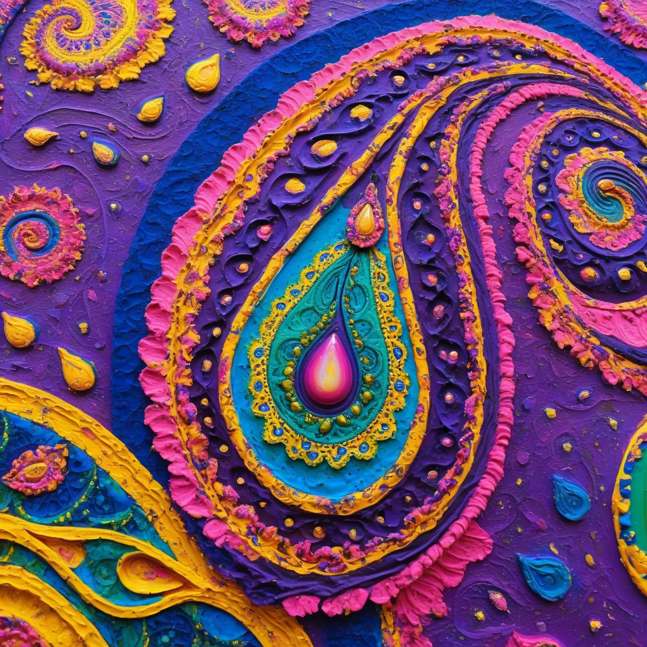 impasto painting of psychedelic vibrant and intricate paisley pattern featuring teardrop-shaped motifs, planetary elements, and swirling designs in bright 
shades of blue, pink, yellow, and green, set against a deep purple saturn 