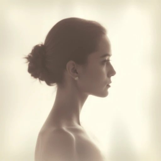 an aesthetic, minimalist depiction of a female profile in side view. The focus is on the soft contours and calm, monochromatic tones. The scene feels mystical and dreamy, almost as if viewed through a delicate mist, with gentle light accentuating the silhouette. The background is diffuse and creamy white, drawing attention to the elegant simplicity of the figure.