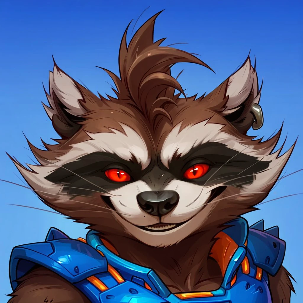 score_9, score_8_up, score_7_up, Expressiveh, masterpiece, best quality, highly detailed, realistic, (zPDXL3), 1boy, solo, (RRMR,furry, anthro, raccoon, procyonid, brown body, brown fur, red sclera, red eyes, black nose, whiskers, upper body, blue armor), blue background, simple background, closed mouth, looking at viewer, smile, arms down