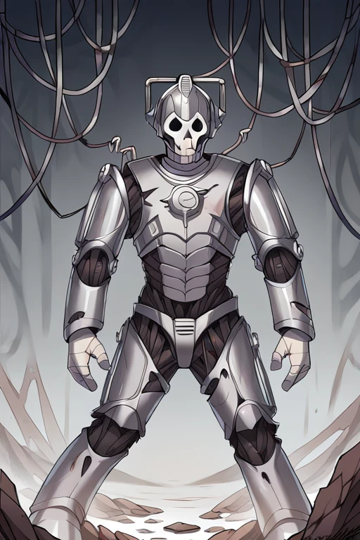 2D, score_9, score_8_up, score_7_up, BREAK, 1boy, solo, CyberMan, torn armor, skeleton, visible skull, ribs, wires