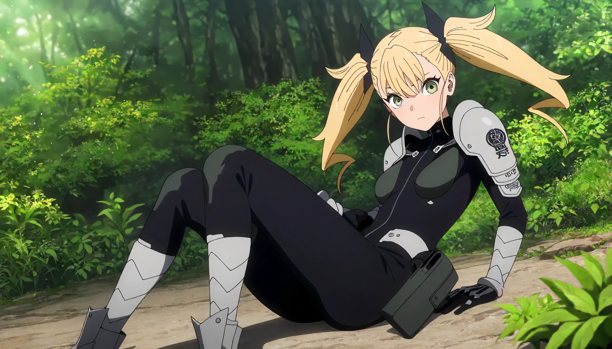 <lora:KN8_KikoruShinomiyaXLIllustrious001>,
masterpiece,best quality,good quality,newest,
detailed background,nature,glitter,
solo,
KikoruShinomiya,1girl,blonde hair,twintails,green eyes,
black bodysuit,
shoulder armor,
gauntlets,
boots,