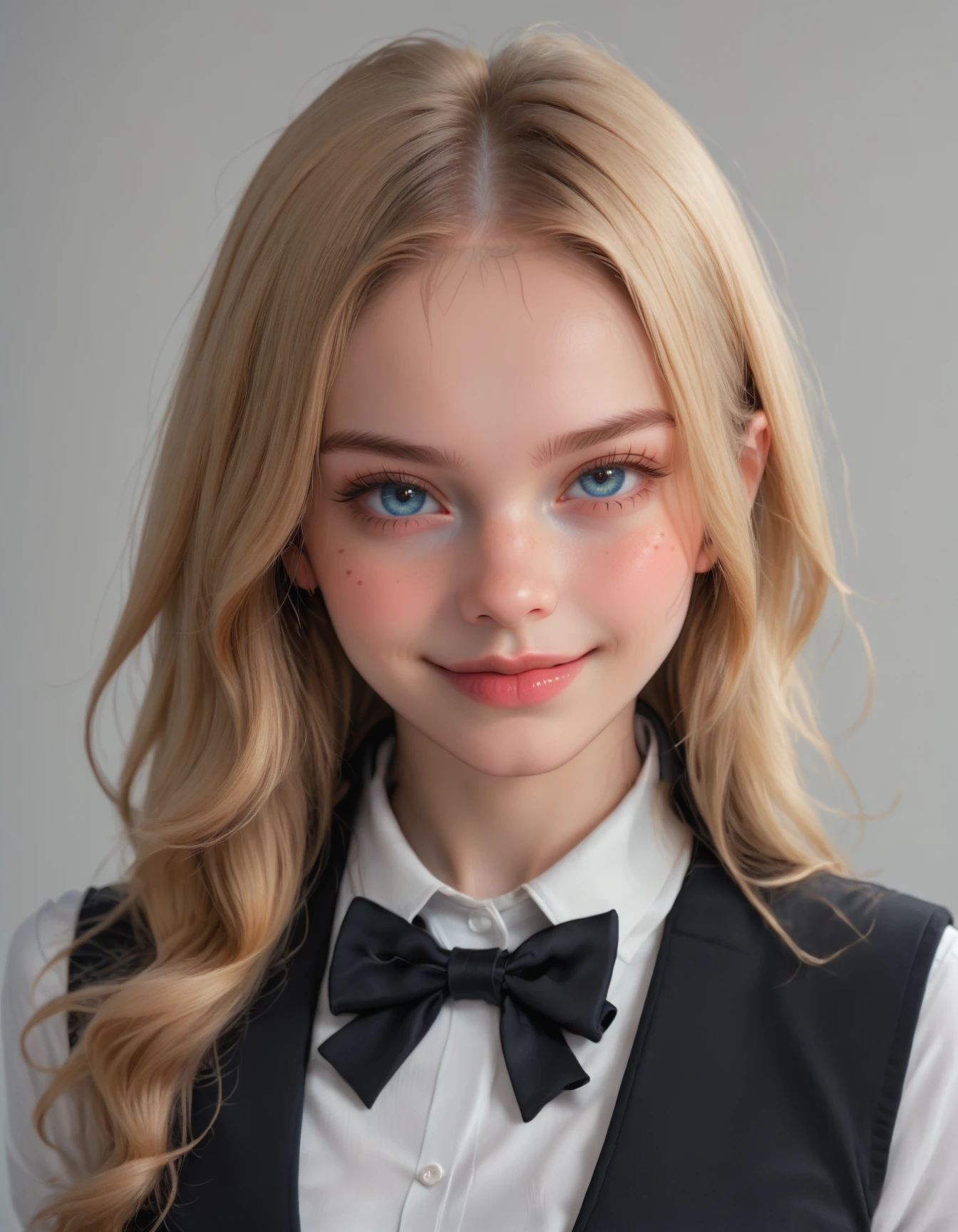 score_9,score_8_up,score_7_up,1girl,realistic,smile,freckles, blonde hair, blue eyes, black bow, long hair, looking at viewer, white shirt, collared shirt, realistic, lips, black bowtie, simple background, portrait, grey background, closed mouth, black jacket, upper body, formal, black vest,ray tracing,(depth of field),(fine textures details),<lora:MPV@M3gan_PonyXL_V2_epoch_6:0.8>,<lora:Hand v3 SD1.5:0.5>,