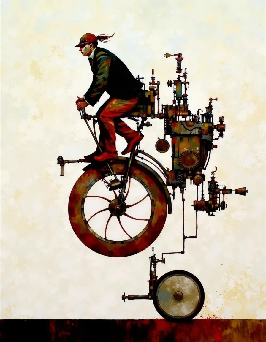 A modern oil painting in an abstract style of Bruce Holwerda that features an imaginative and surreal scene. The central figure is a person riding a fantastical, steampunk-style contraption that resembles a mechanical unicycle. The rider is a man with a muscular build, wearing a dark, fitted jacket, red pants, and a red cap with a feather. His posture suggests a sense of motion and determination as he balances on the unicycle, which is adorned with intricate, colorful, and metallic components. The unicycle has a large, round, red wheel in the front and smaller, more detailed mechanical parts in the back, including gears, pipes, and a variety of other steampunk elements. The background is a textured, off-white canvas with subtle, abstract splashes of color, adding to the surreal atmosphere. The overall style is a blend of steampunk and abstract art, with bold, dynamic lines and a mix of warm and cool colors, creating a visually striking and whimsical composition. The image captures a sense of adventure and creativity, emphasizing the intersection of human ingenuity and mechanical marvels. <lora:Bruce_Holwerda:0.95>