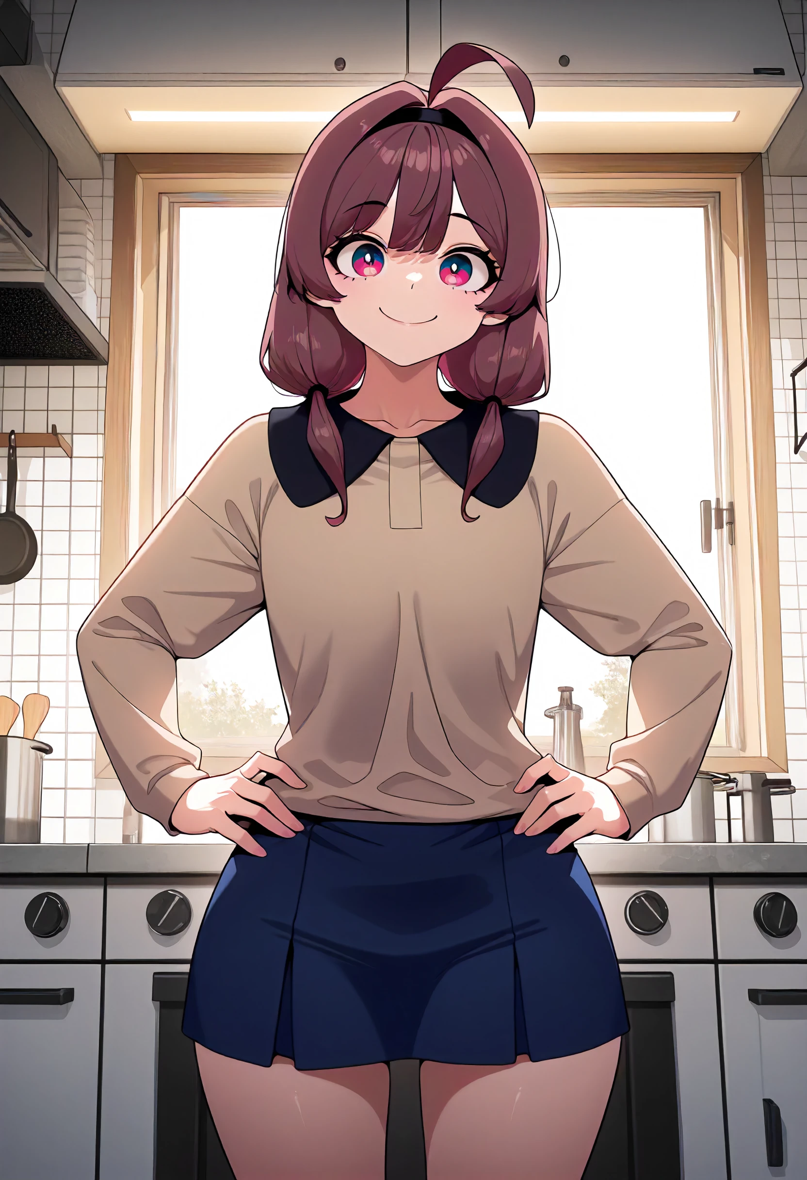 masterpiece, best quality, amazing quality, very aesthetic, absurdres, newest, scenery, volumetric lighting, perfect eyes, ultra detailed,
1girl, Lynn Yu,brown hair, ahoge, black diadem, multicolored eyes, magenta eyes, black eye pupils, twin ponytails,
beige shirt, black shirt collar, blue short skirt, 
standing, looking at viewer, smile, hands on hips,
kitchen, detailed background,
<lora:Someone_Stop_Her_-_Manhwa__Illustrious:1>
masterpiece, best quality, amazing quality, very aesthetic, absurdres, newest, scenery, volumetric lighting, perfect eyes, ultra detailed,