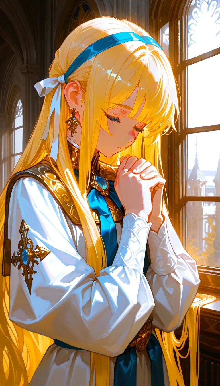 (masterpiece, best quality), amazing quality, very aesthetic, absurdres, highres, newest, HDR, 8K, high detail RAW color art, intricate details, high contrast, detailed background, large pupil, eyelashes, shiny skin,
1girl, solo, Caucasoid, White British, blue eyes, blond hair, very long hair, translucent hair, white ribbon, bangs, eyebrows visible through hair, hair ribbon, blue ribbon, brooch, earrings, jewelry, indoors, natural lighting, window, The prayers of the saints, the world of painting, the sacred, closed eyes, hugging own hands, own hands together, jewelry, earrings, <lora:748cmSDXL:0.5>, <lora:薄塗り:0.25>, <lora:ponyv5_noobV065S_1:0.6>, <lora:spo_sdxl_10ep_4k:0.6>, <lora:GBF_Illustrious:0.4>