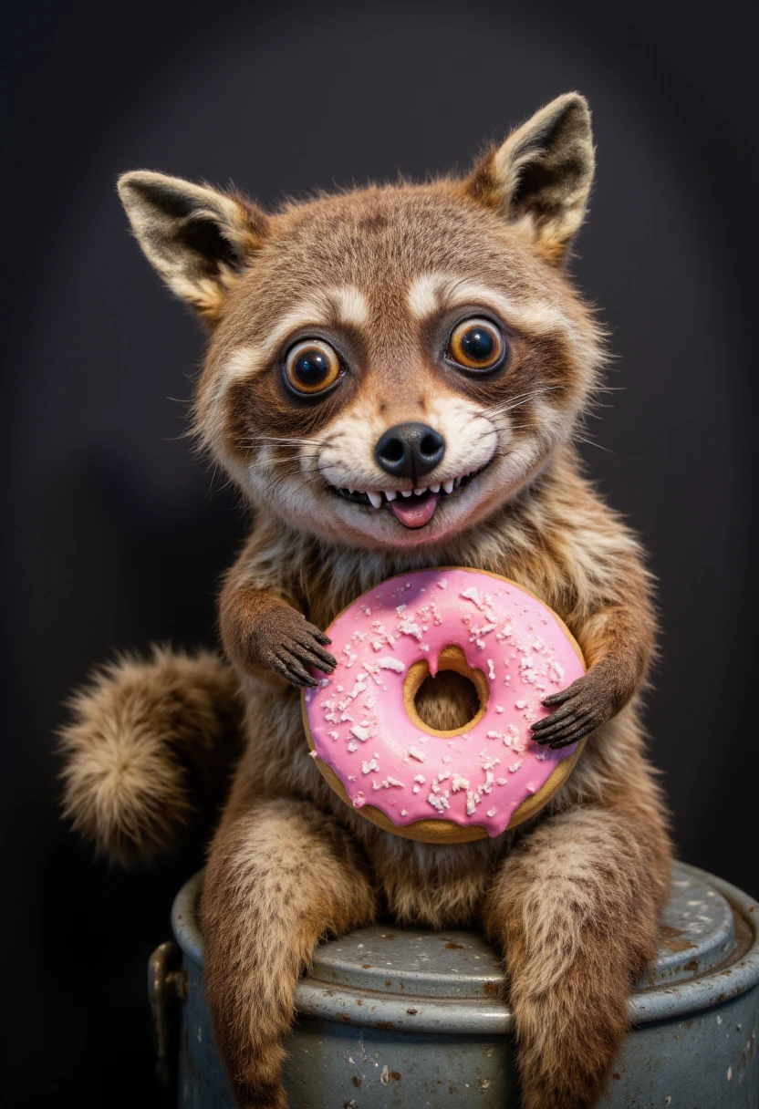 5tuff3d 4n1m4l raccoon sitting on top of a metal trash can holding a donut with pink frosting and sprinkles