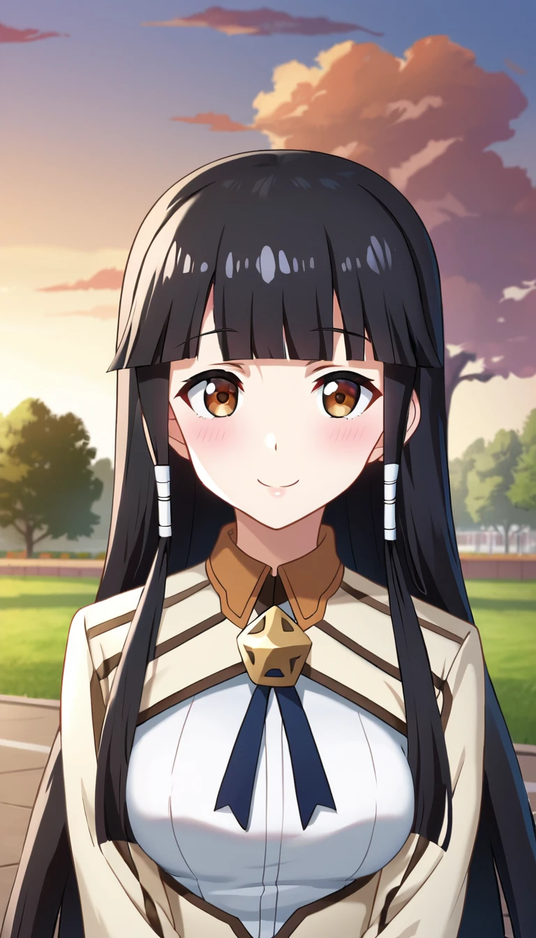 score_9,score_8_up,masterpiece,best quality,correct anatomy,anime_source,1girl,solo,perfect eyes,perfect arms,perfect legs,perfect face,outdoors,upper body,(portrait:1.5),looking at viewer,facing viewer,smile,blush,Claire,very long hair,black hair,hime cut,sidelocks,hair tubes,blunt bangs,brown eyes,school uniform,beige jacket,choker,black ribbon,white shirt,long sleeves,medium breasts,skindentation,breasts out,miniskirt,black skirt,pleated skirt,black socks,loafers,<lora:Claire(ek)-Pony:1.4>,