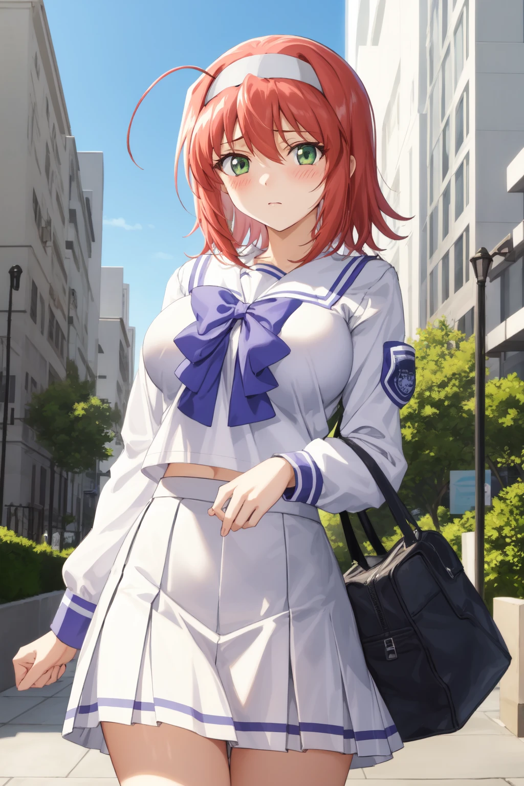 akane_maniax, suzumiya_akane, 1girl, solo, blush, closed_mouth, looking_at_viewer, city, buildings, park, walking, bag, carrying, holding_object, (standing:1.2), (cowboy_shot:1.2), (short hair, ahoge:1.3), orange hair, red hair, (white hairband:1.1), (green eyes:1.2), (large breasts:1.2), (wide hips:1.2), school_uniform, serafuku, white shirt, (white skirt, short skirt:1.2), pleated skirt, blue ribbon, long sleeves, puffy sleeves, juliet sleeves, masterpiece, best quality, best aesthetic, anime, ultra detailed