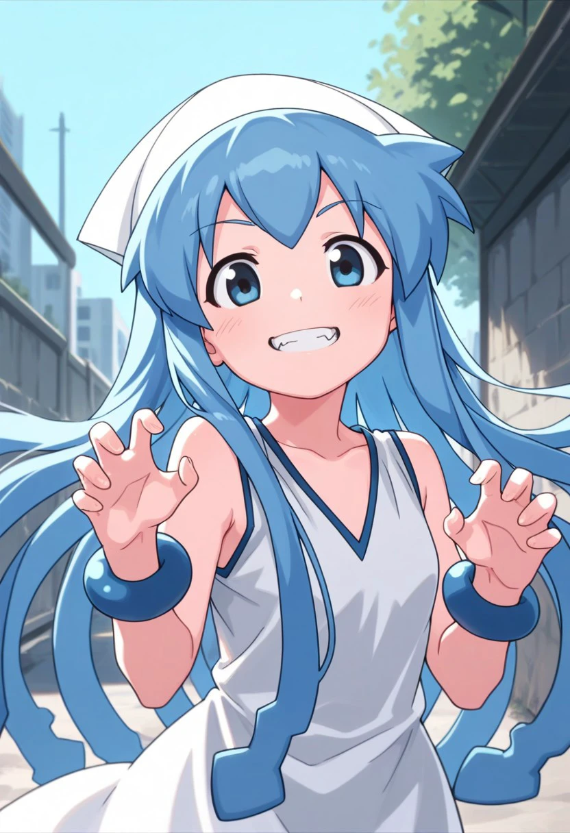 masterpiece, best quality, 
ika, 1girl, solo, blue eyes, blue hair, tentacle hair, long hair, hat, white headwear, dress, sleeveless dress, white dress, jewelry, claw pose, smile, grin,
outdoor, floating hair, fangs, parody